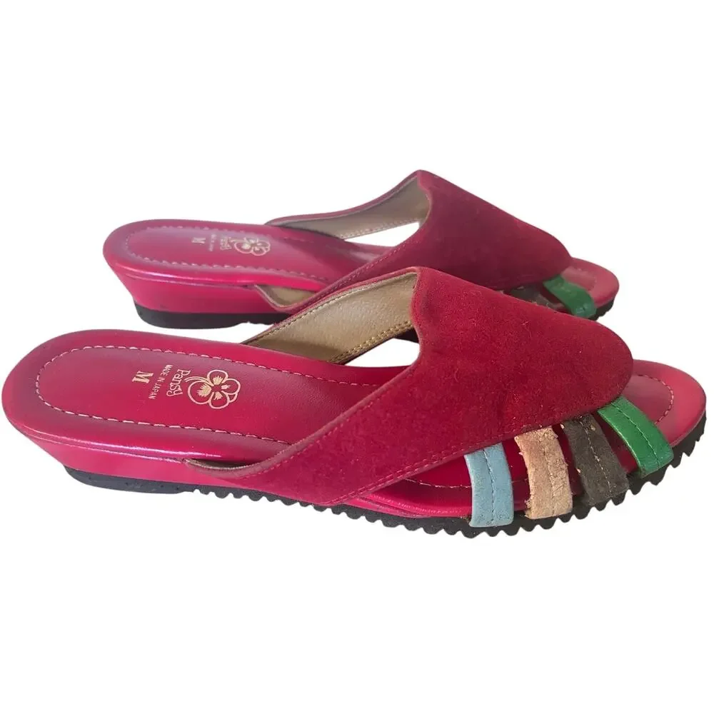 Pansy Red Suede Slides Sandals - Made in Japan - Size: M